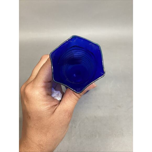 Vintage Cobalt Blue Glass Vase With Gold Stripes - 12”H - Picture 7 of 9